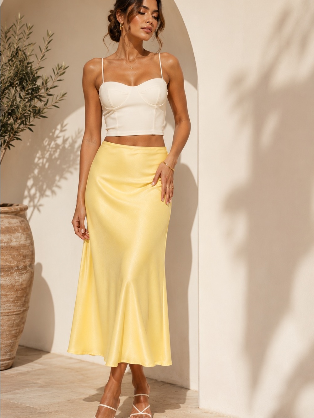 Satin Bias Midi Skirt in Soft Yellow - Size M